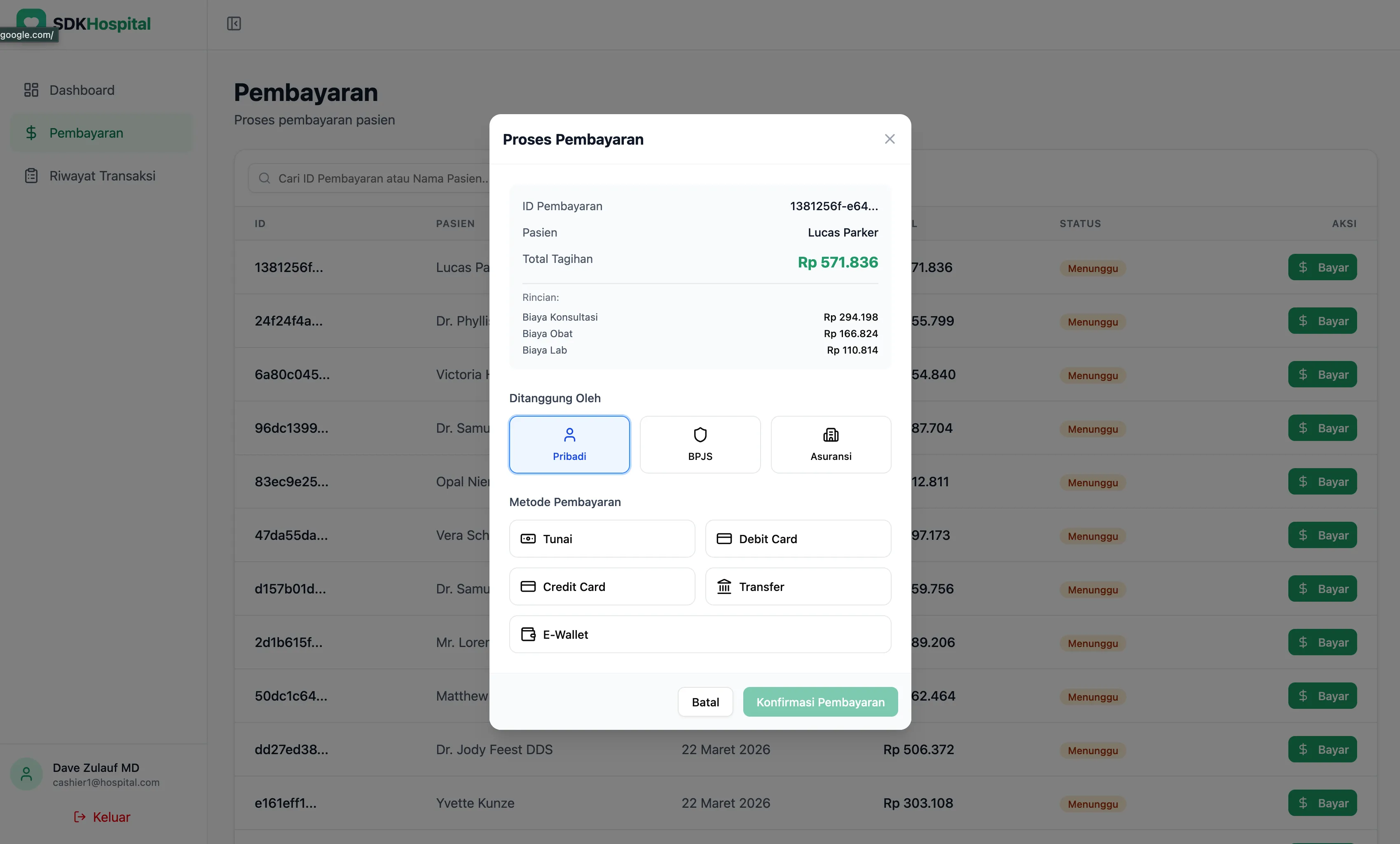 Cashier payment modal