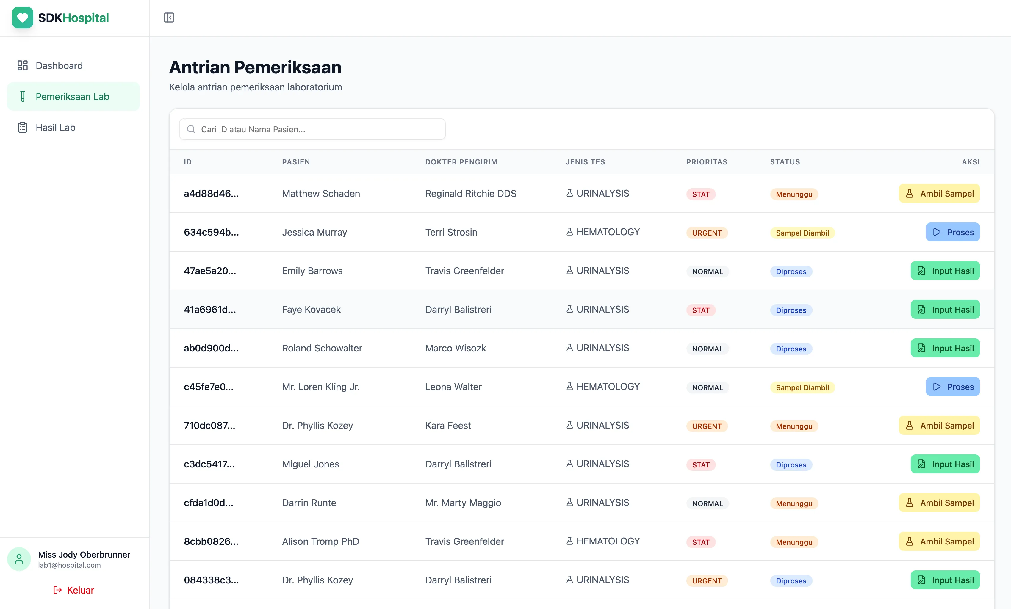 Laboratory test queue page
