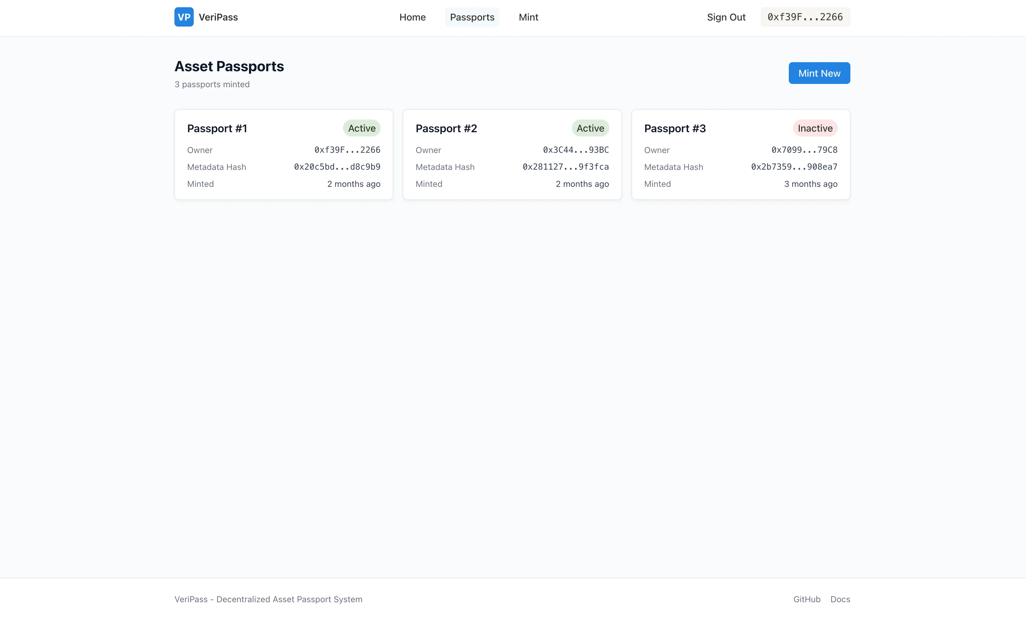 Passports list showing minted asset passports, ownership snippets, and active status
