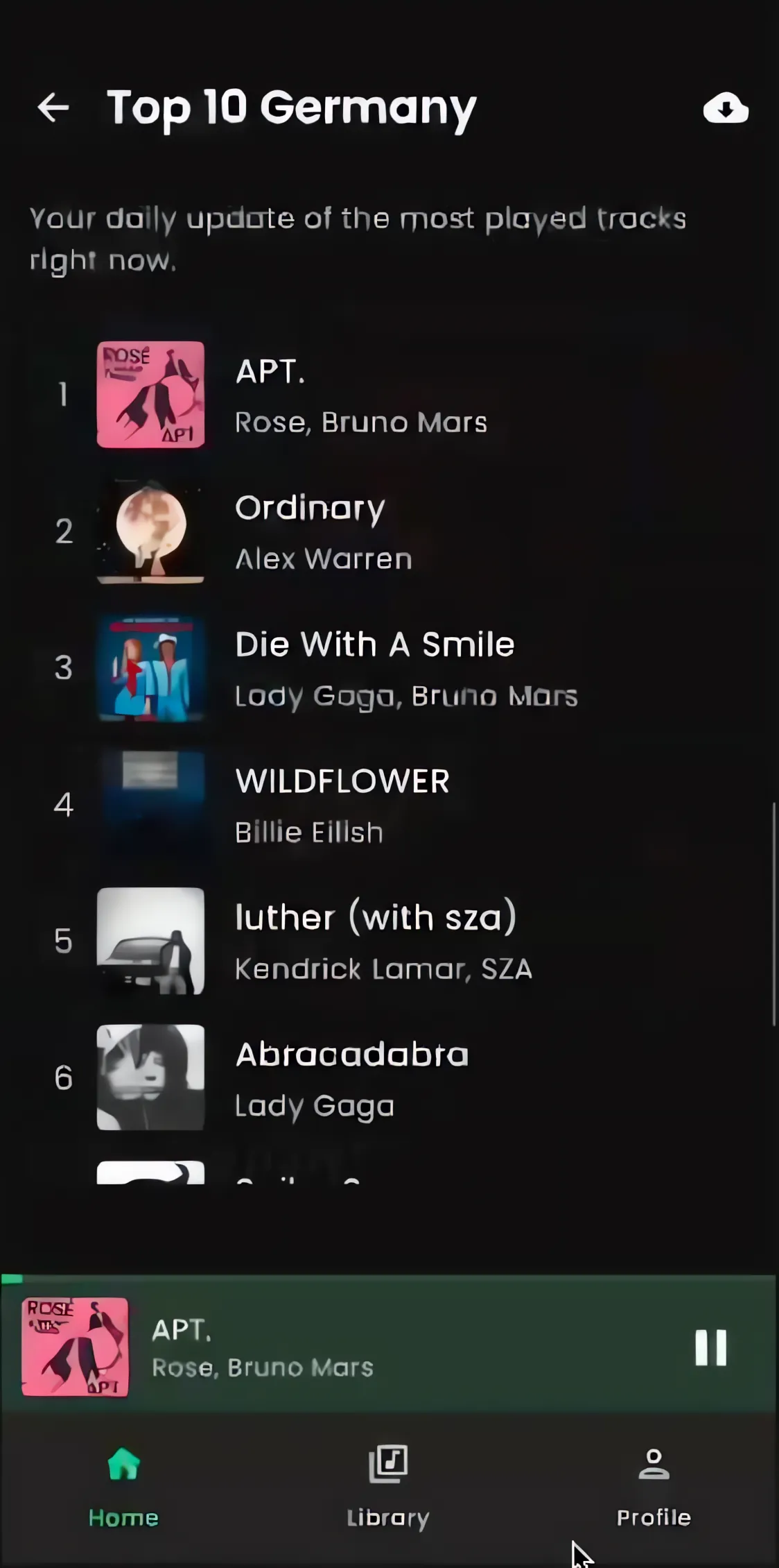 Top Songs in Country Screen