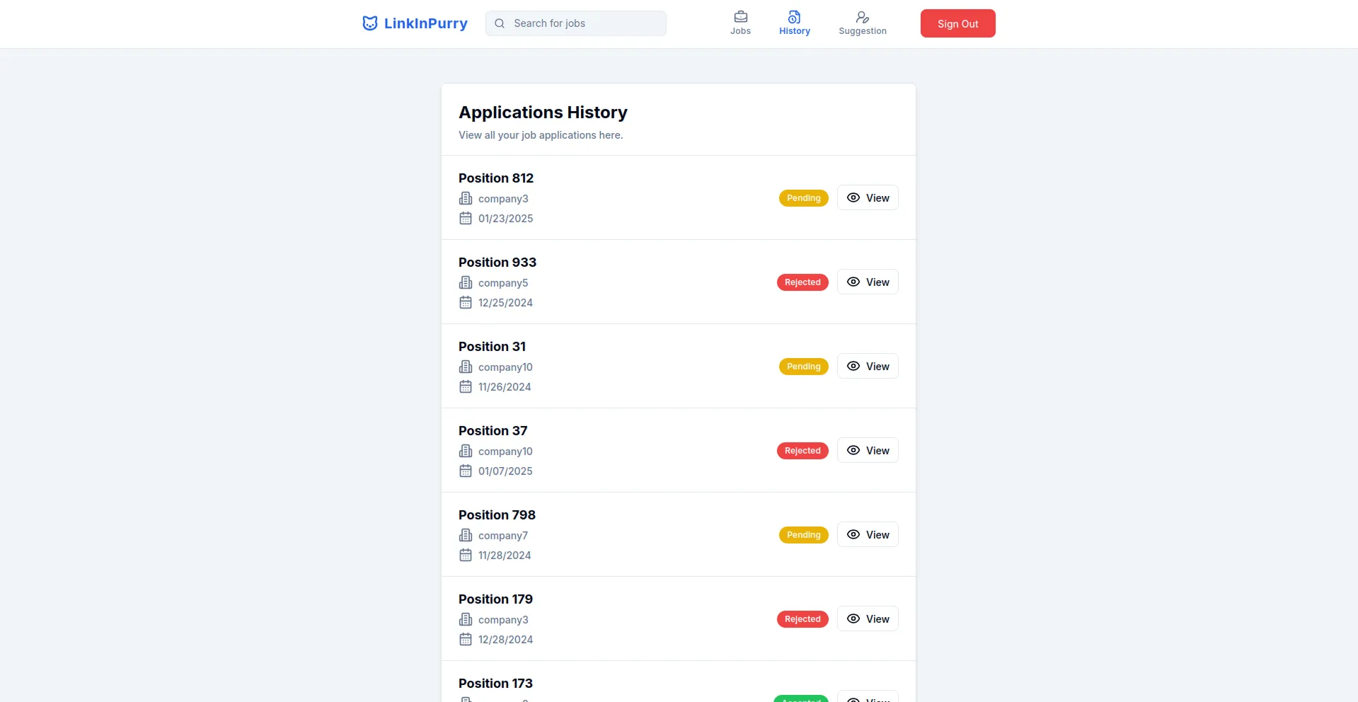 Job History Page