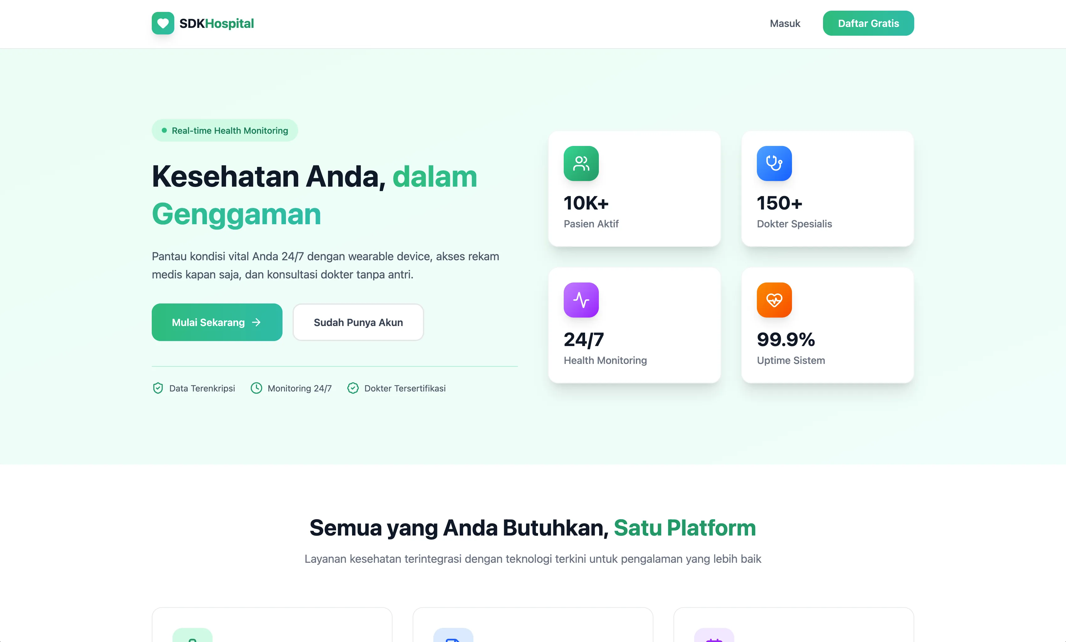 Landing page hero and hospital service overview