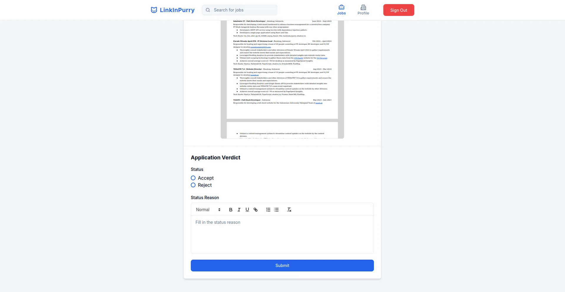 Application Review Page
