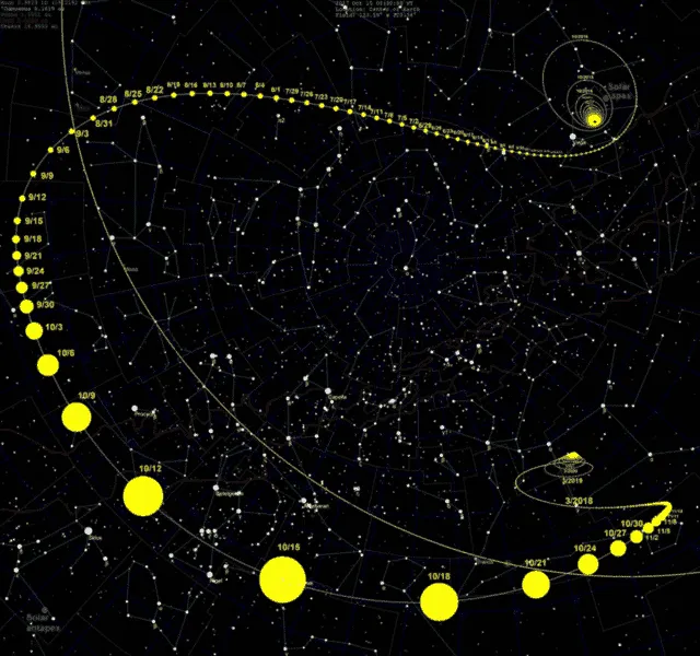 Oumuamua Hyperbolic Trajectory Projected Into The Sky Overtime (Credit to JPL Horizons)