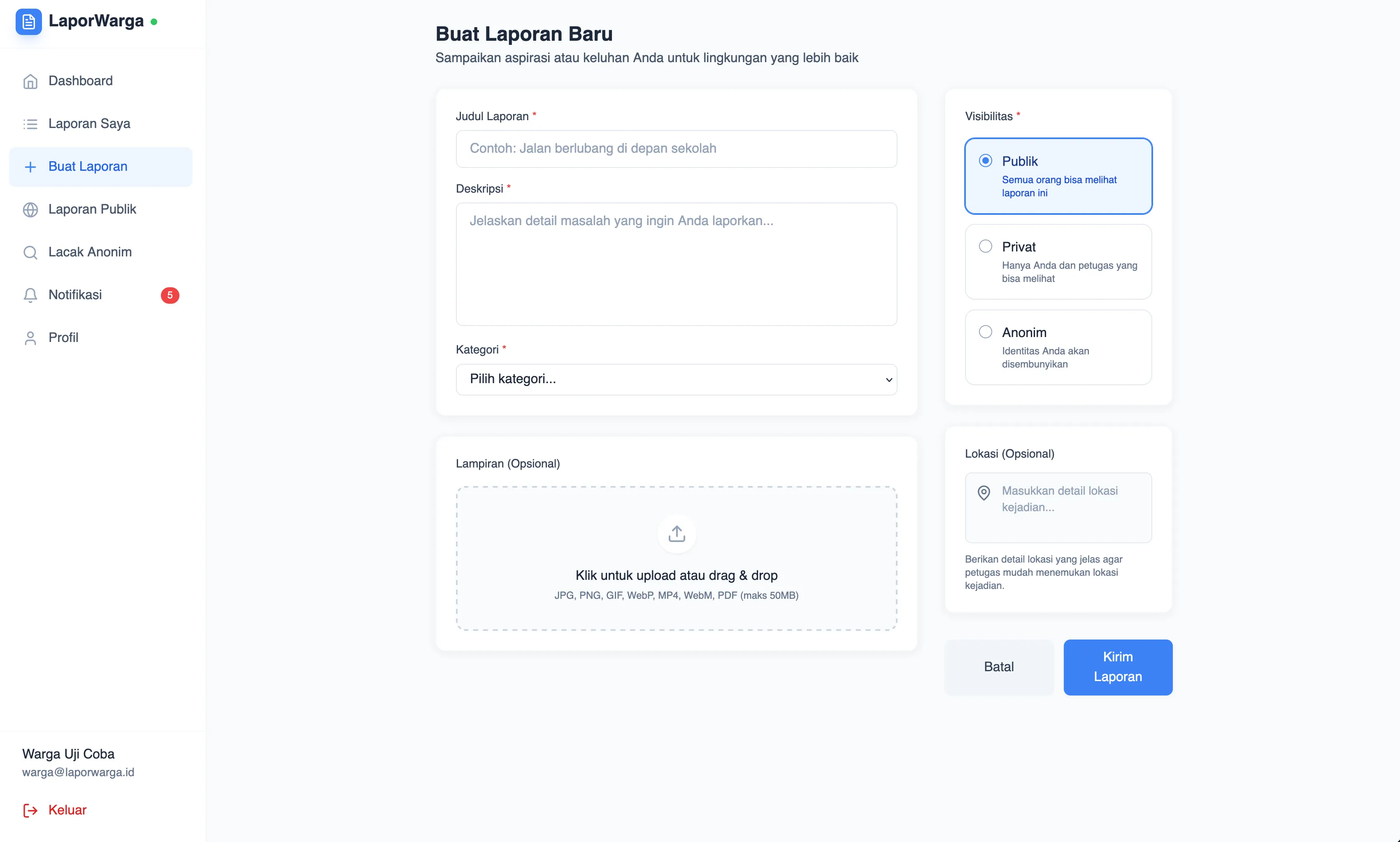 Create report page with evidence uploads
