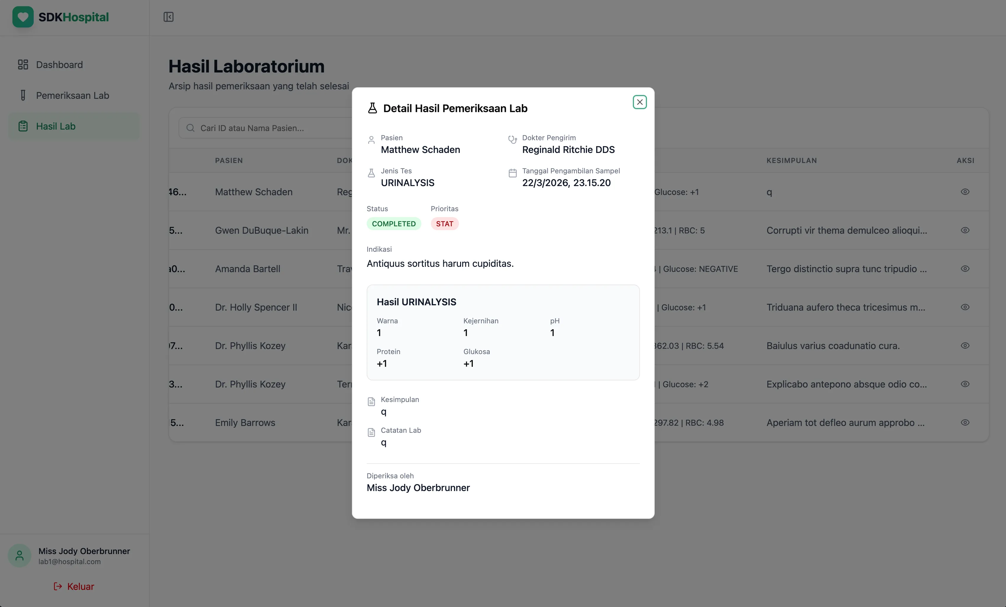 Laboratory result detail view