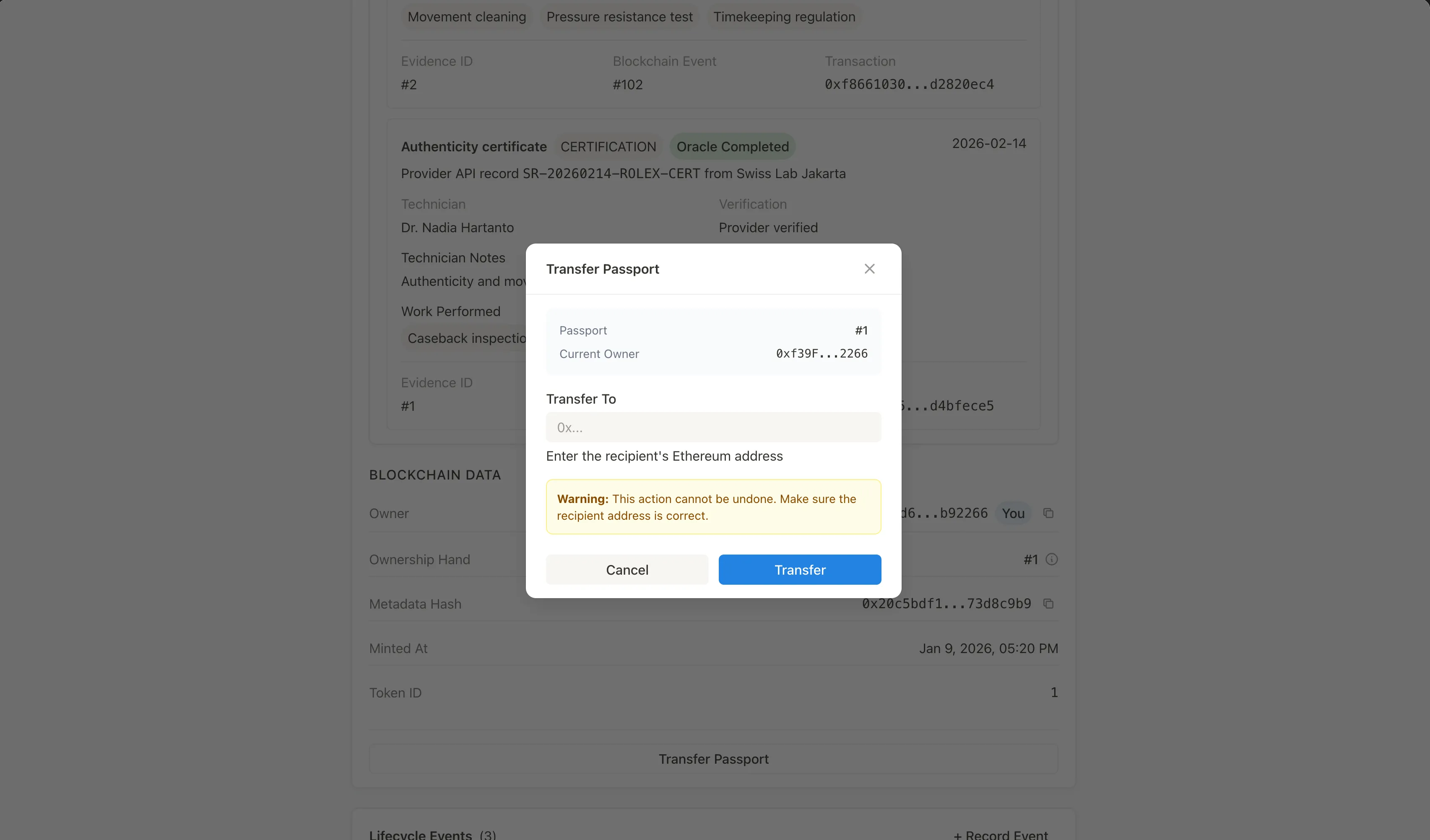 Transfer passport modal for moving asset ownership to another Ethereum wallet