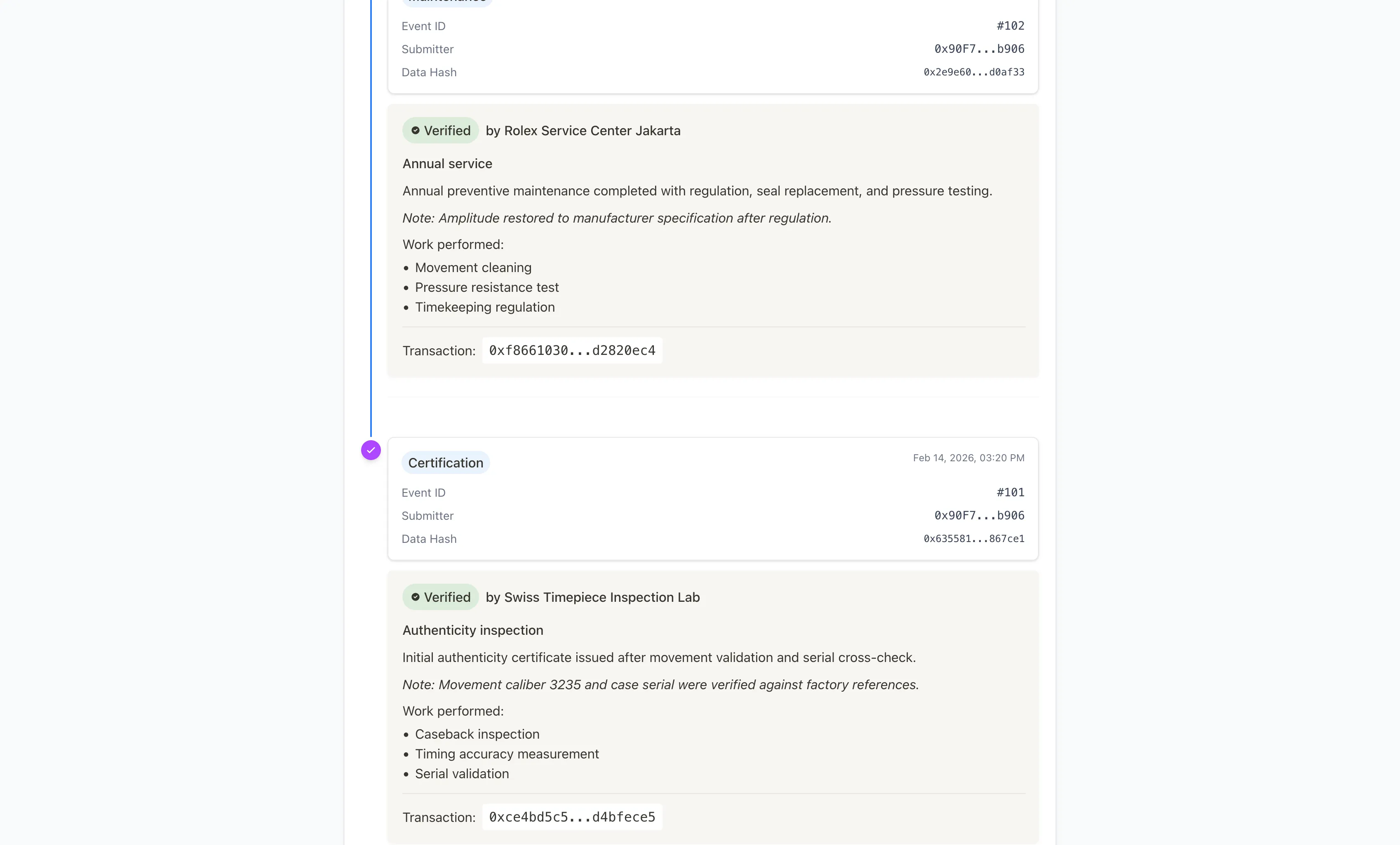 Expanded verified lifecycle events showing inspection details, performed work, and on-chain transaction history