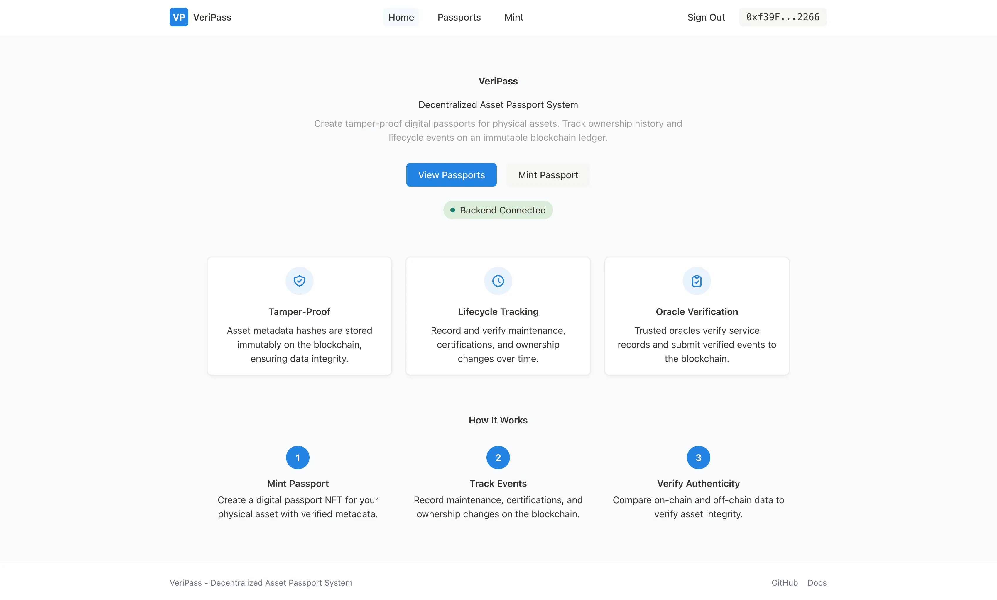 Home page with the VeriPass overview, key trust guarantees, and guided user flow