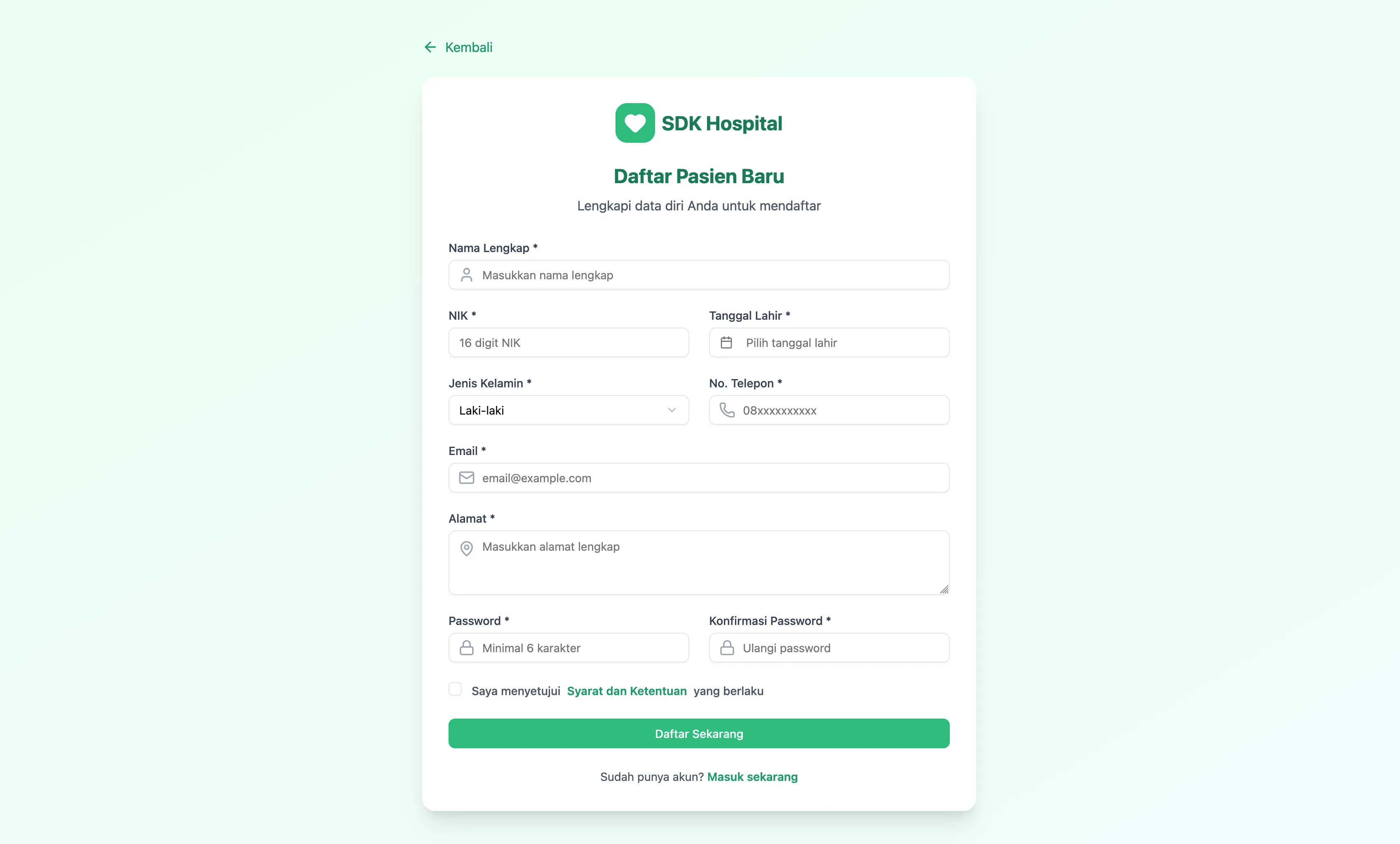 Registration page for new users