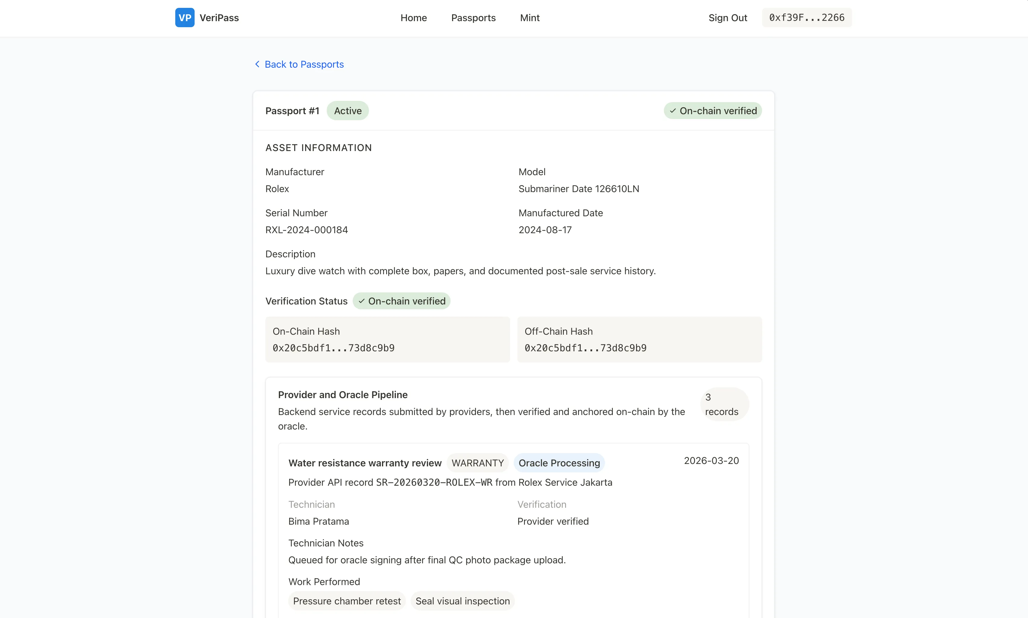 Passport detail page with verified asset metadata, hash comparison, and provider pipeline summary
