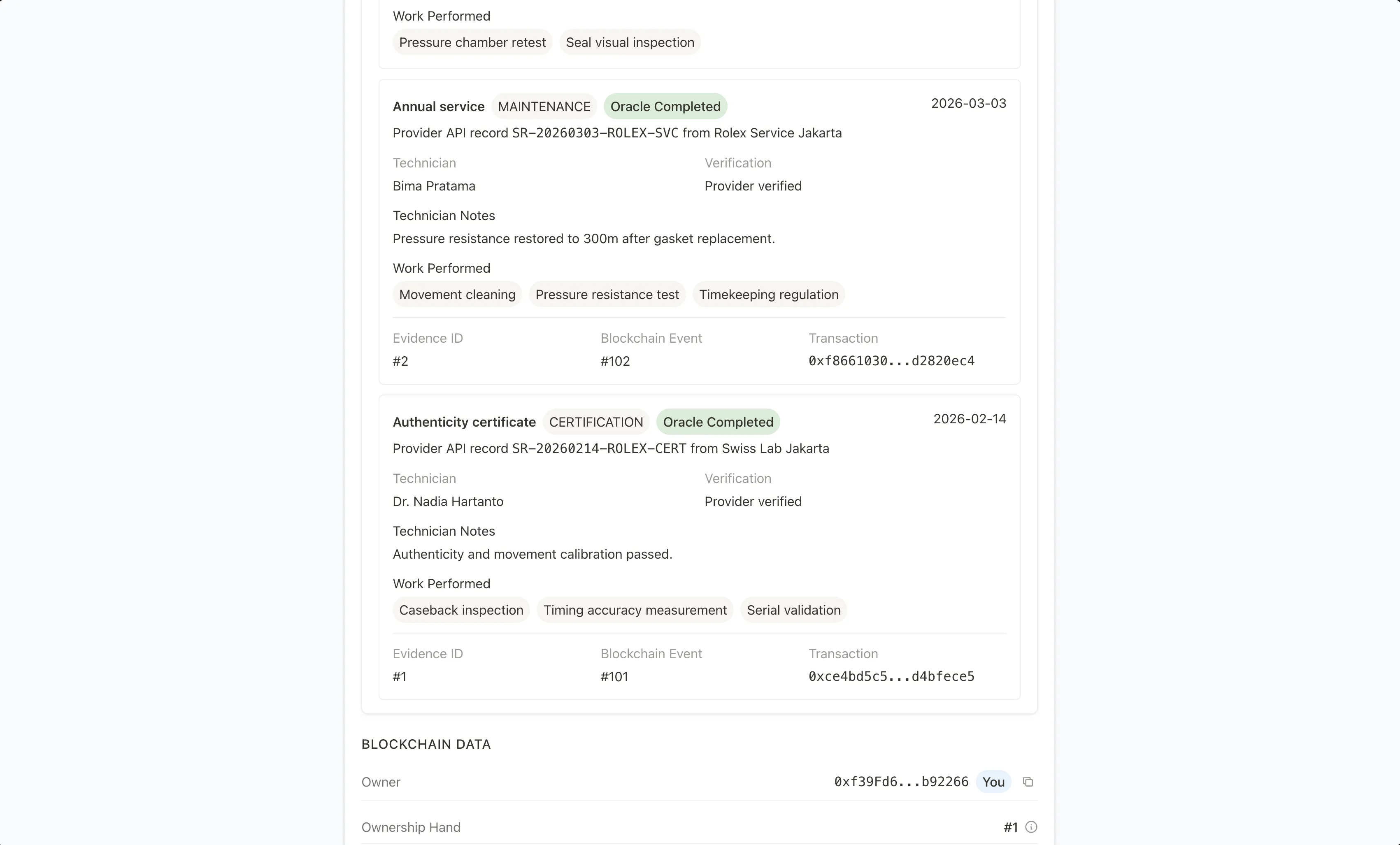 Provider and oracle records with verification status, work performed, evidence IDs, and transaction references