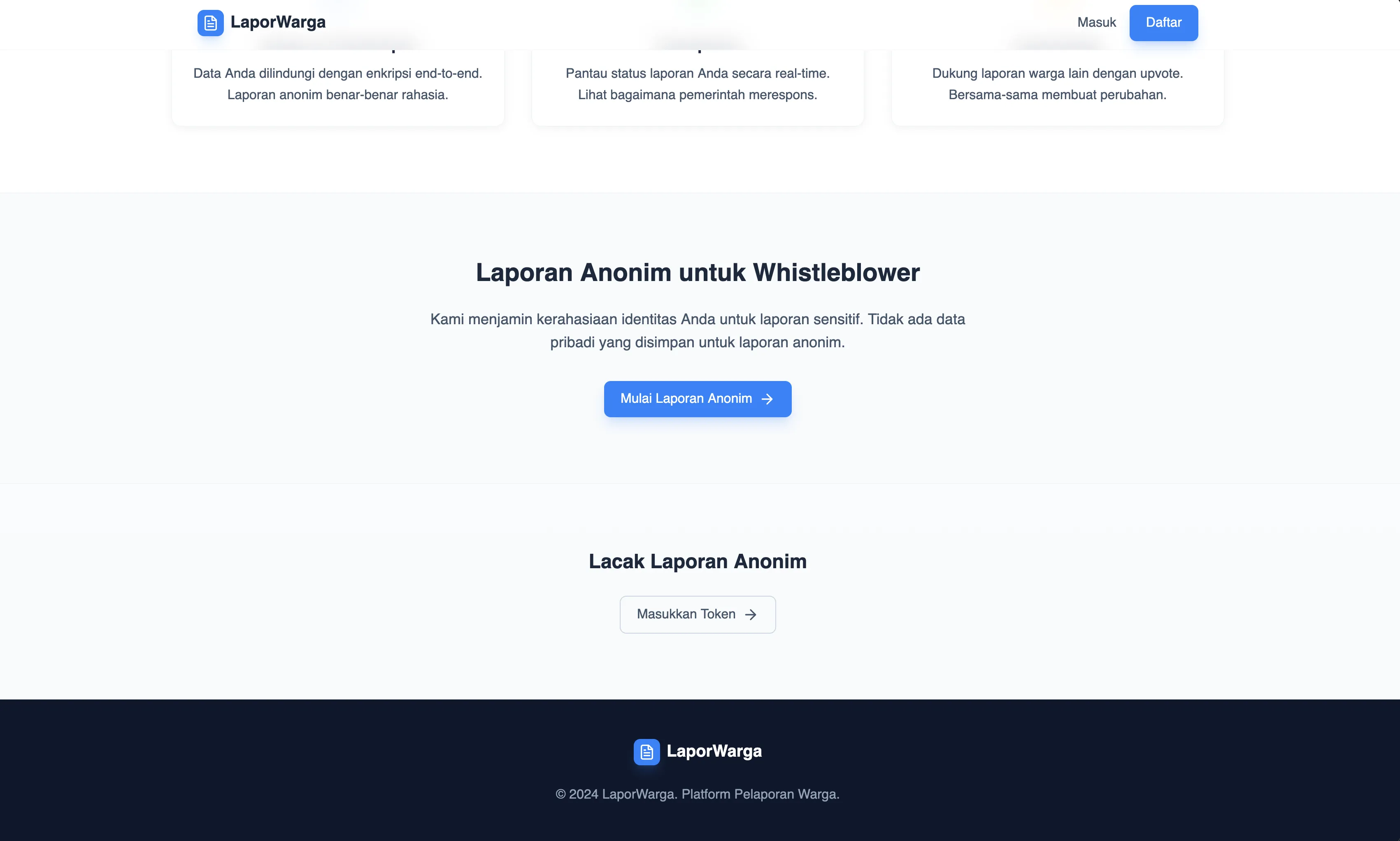 Landing page sections for public reporting and platform highlights