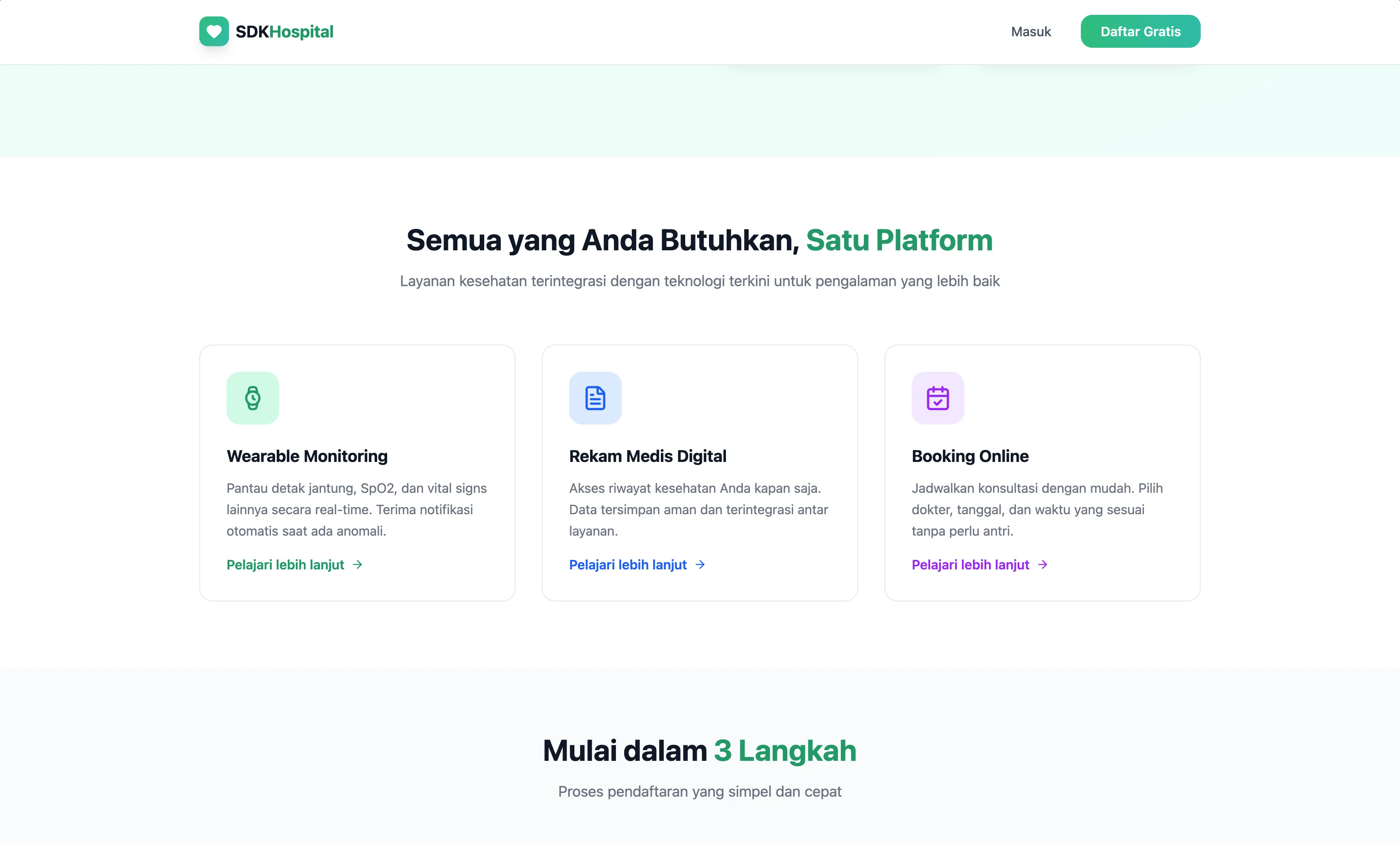 Landing page feature highlights and service information