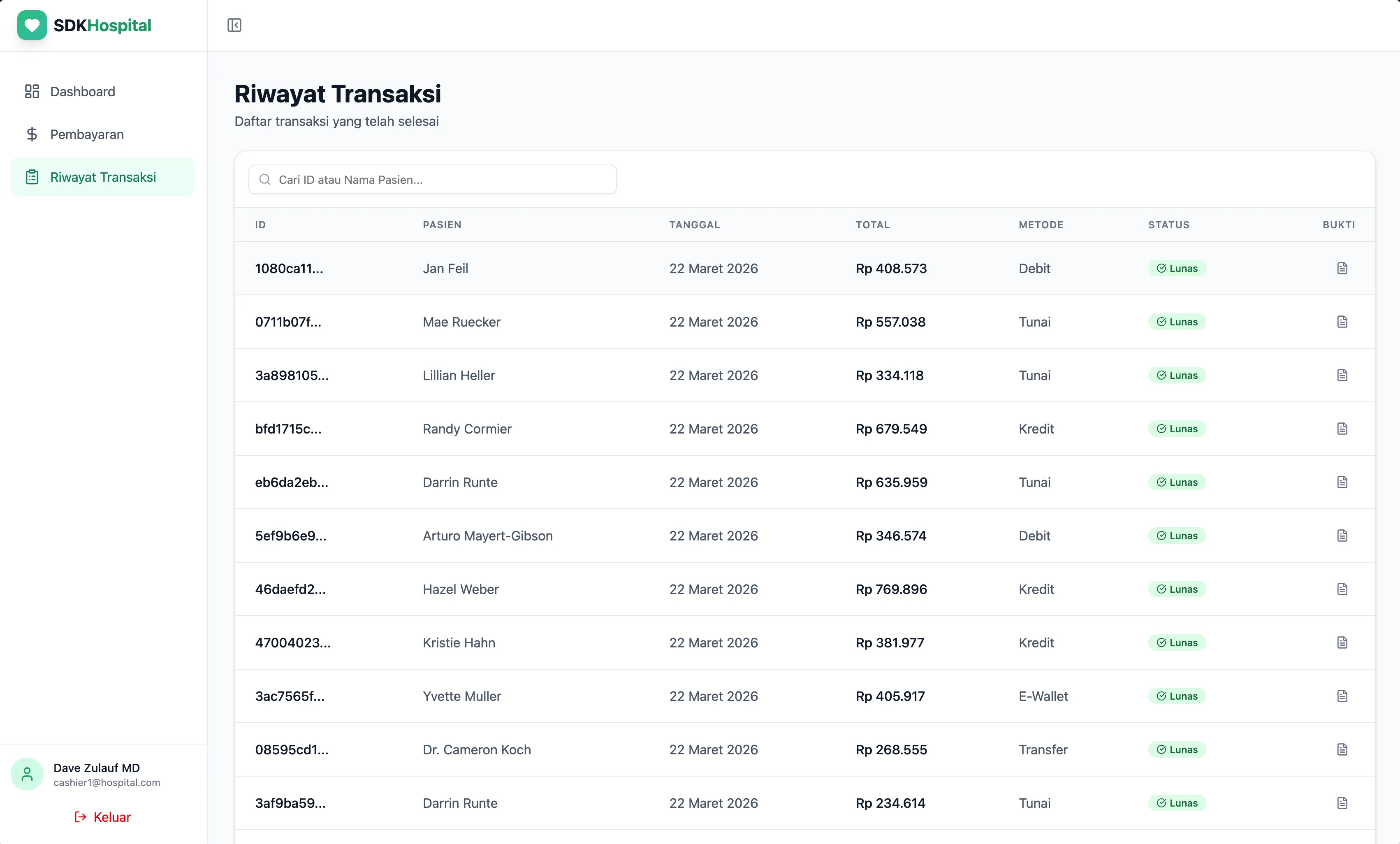 Cashier transaction history page