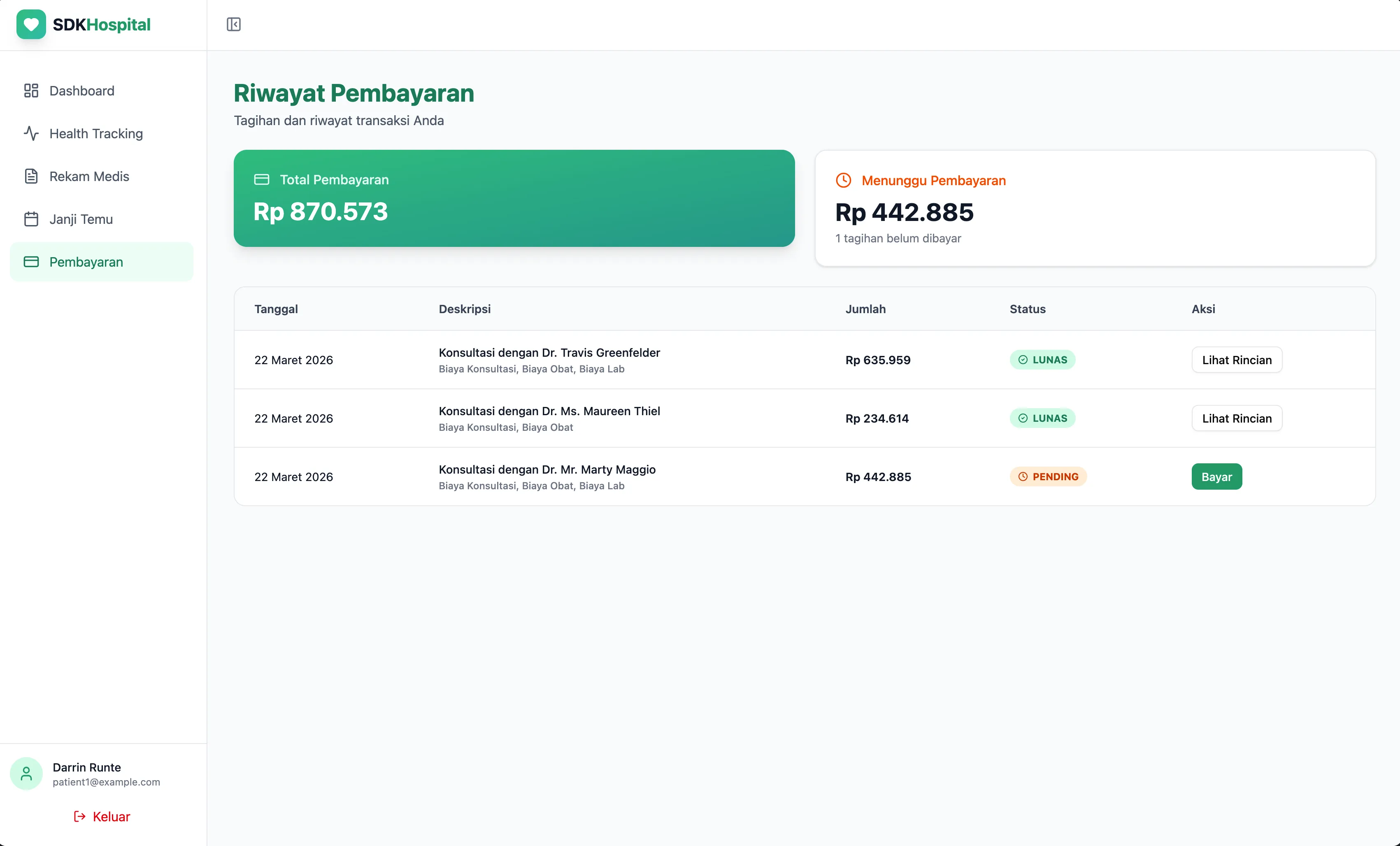 Patient payment history page