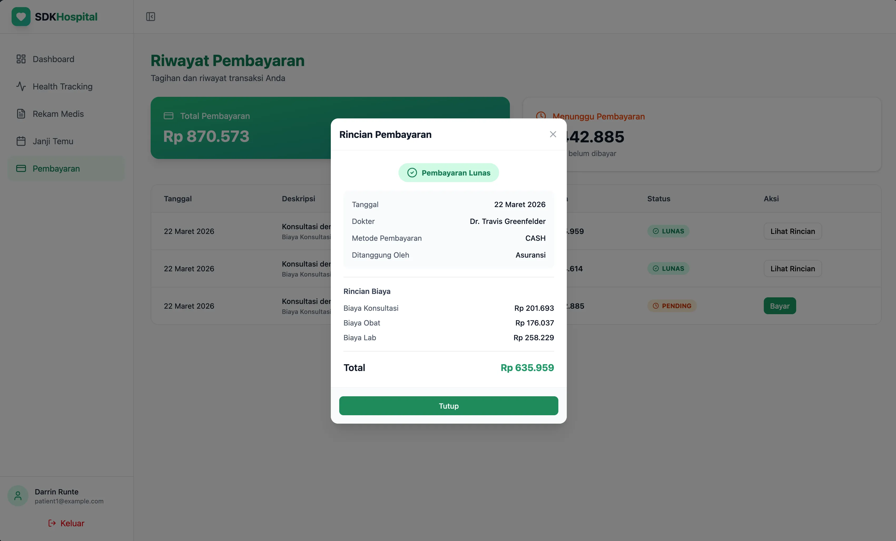 Patient payment detail and confirmation
