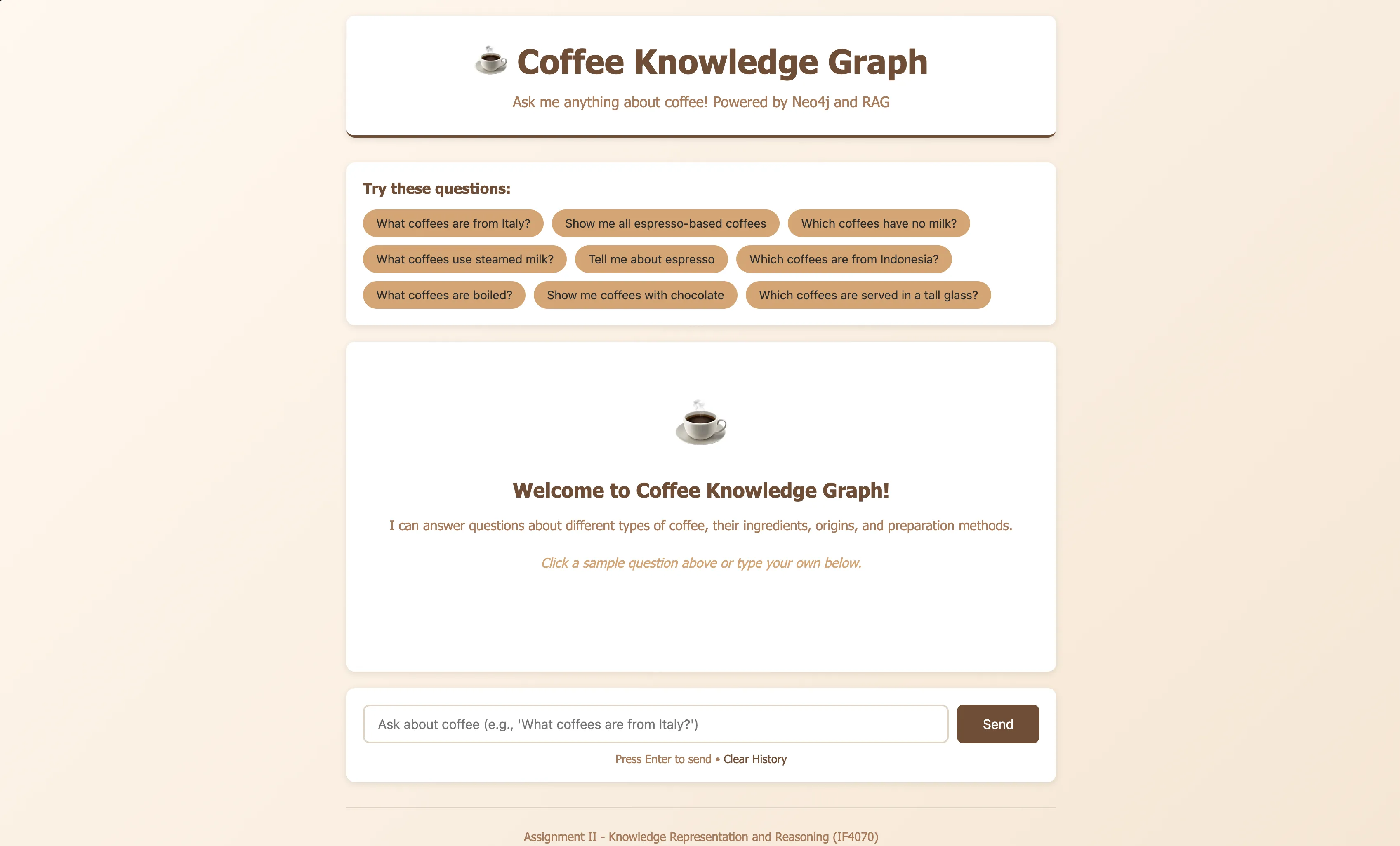 Landing page with sample coffee questions and the empty chat state
