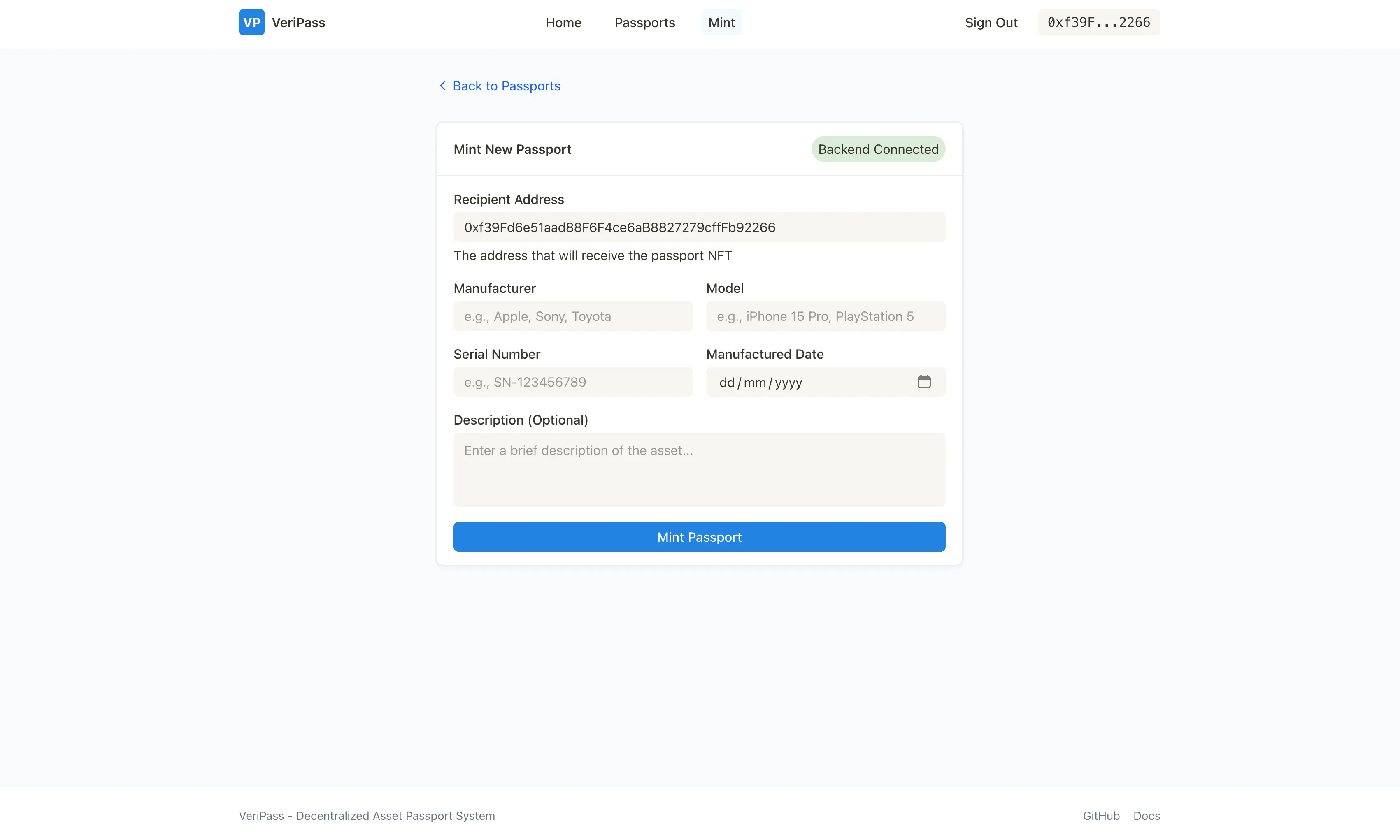 Mint page for creating a new passport with recipient, manufacturer, serial, and asset metadata