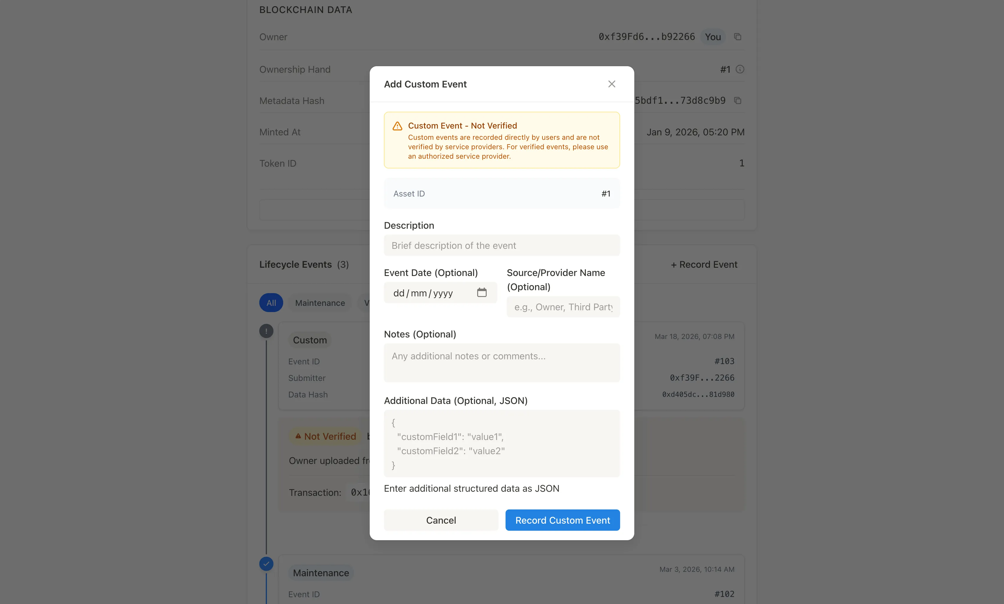 Custom event modal for recording owner-submitted lifecycle updates directly on-chain