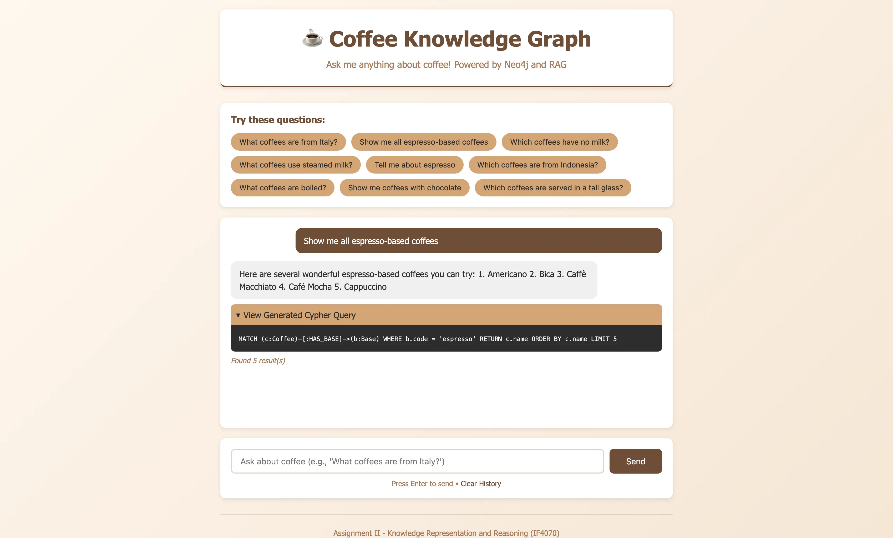 Query result showing the generated Cypher query and natural-language answer
