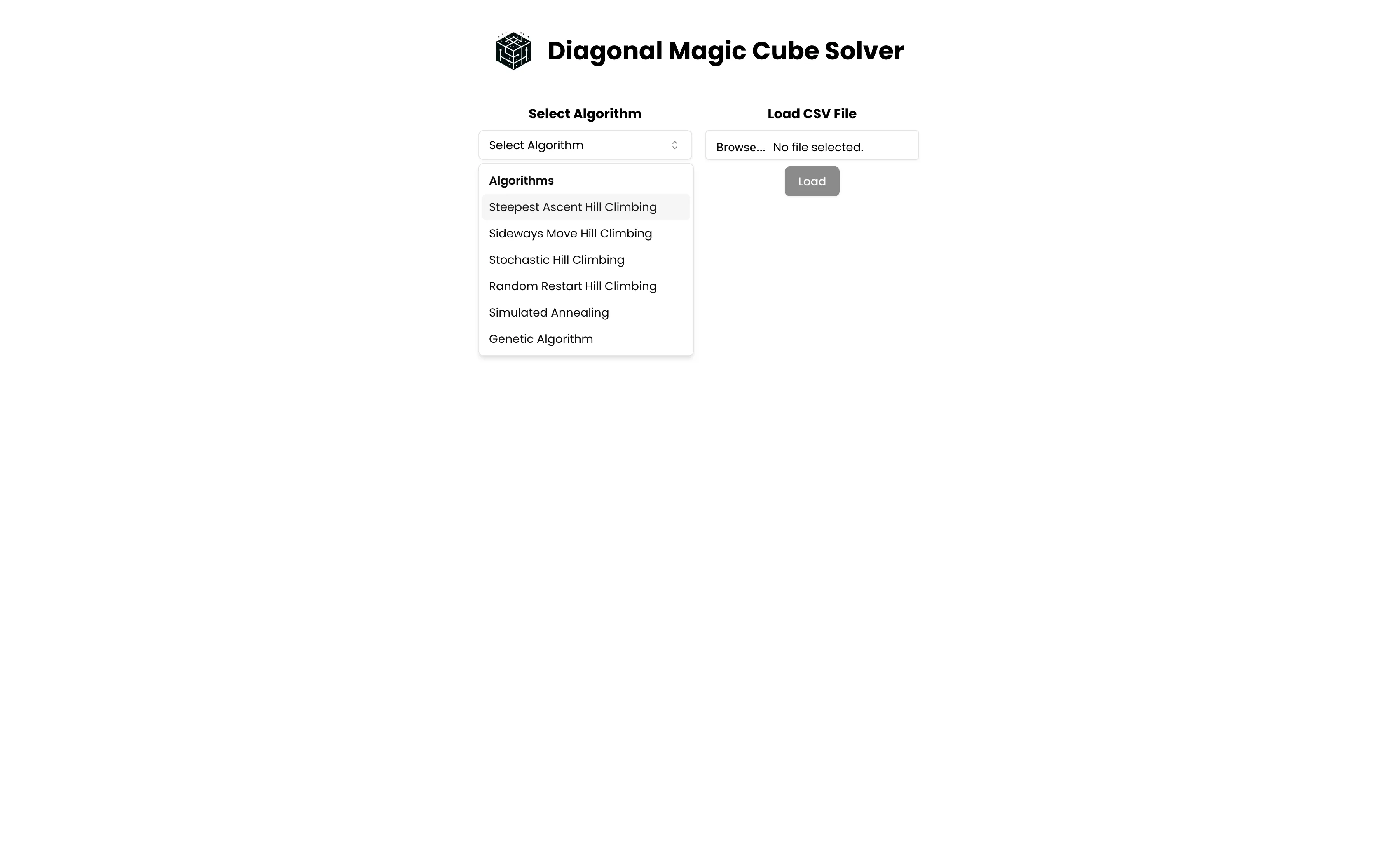 Algorithm selector and CSV loader for running or replaying diagonal magic cube searches