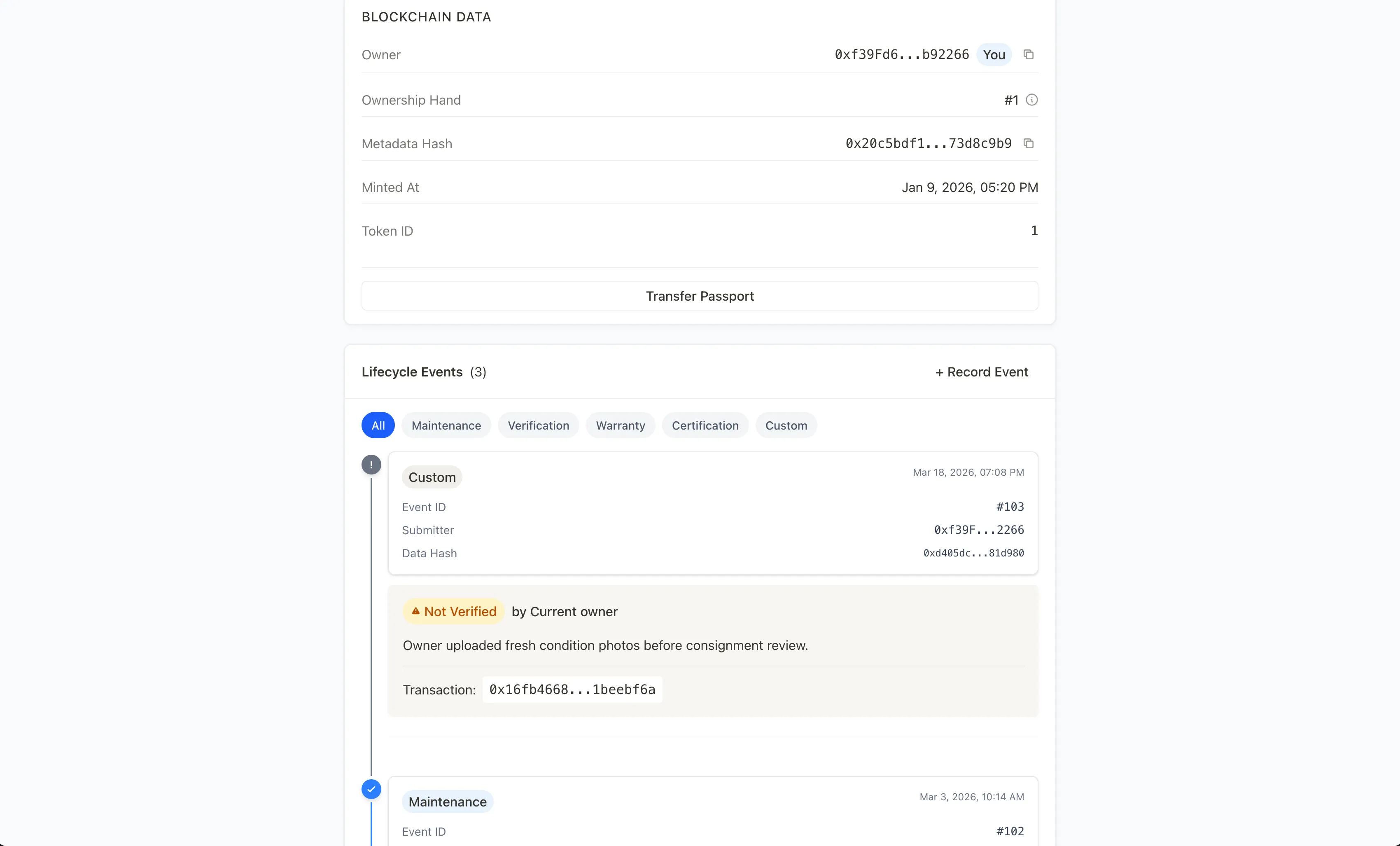 Lifecycle events timeline with filters for maintenance, verification, certification, warranty, and custom events