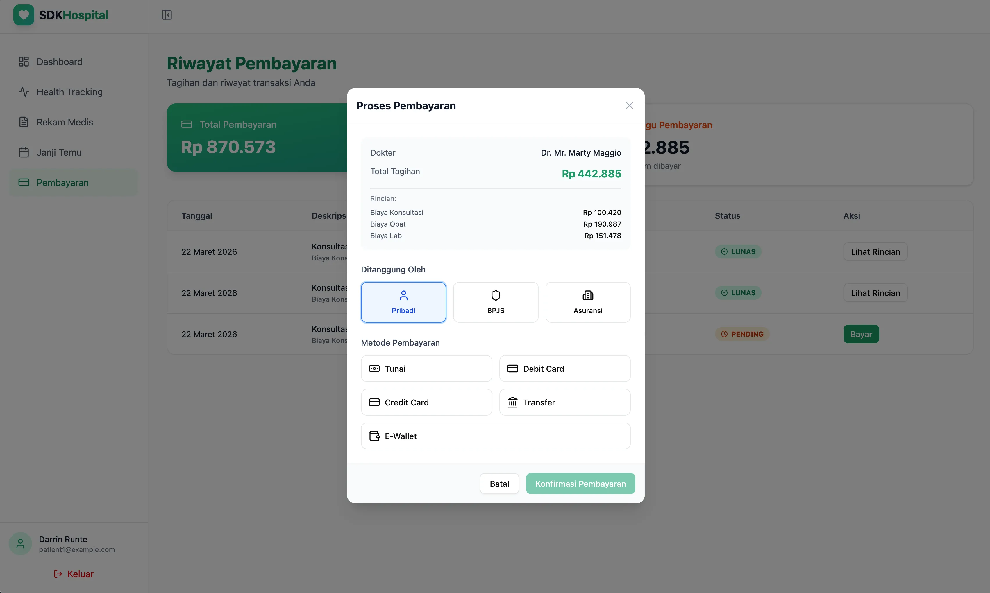 Patient billing summary and payment breakdown