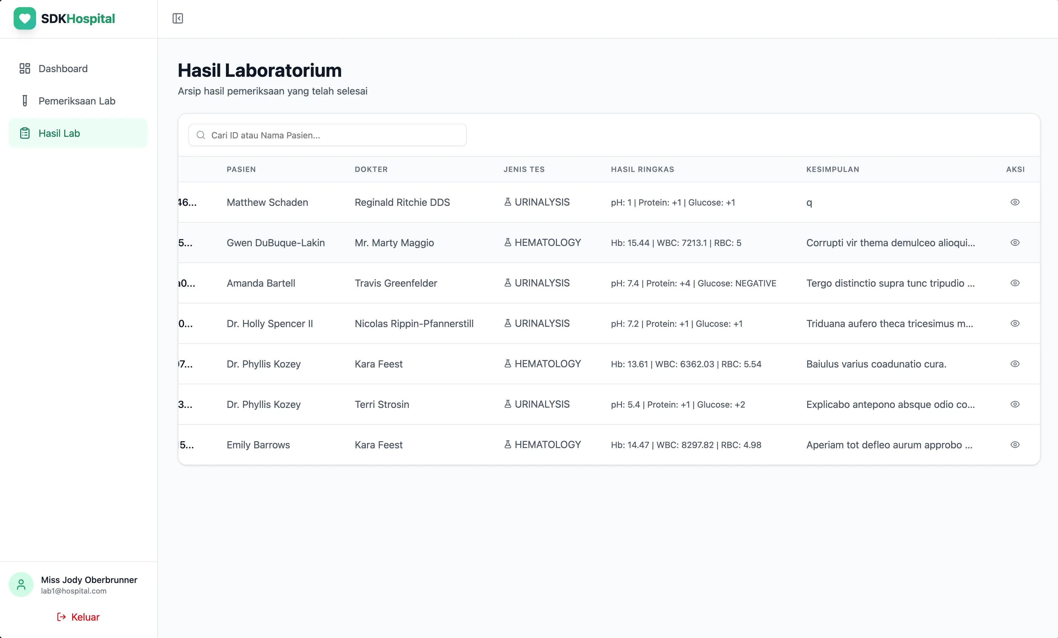Laboratory result input form