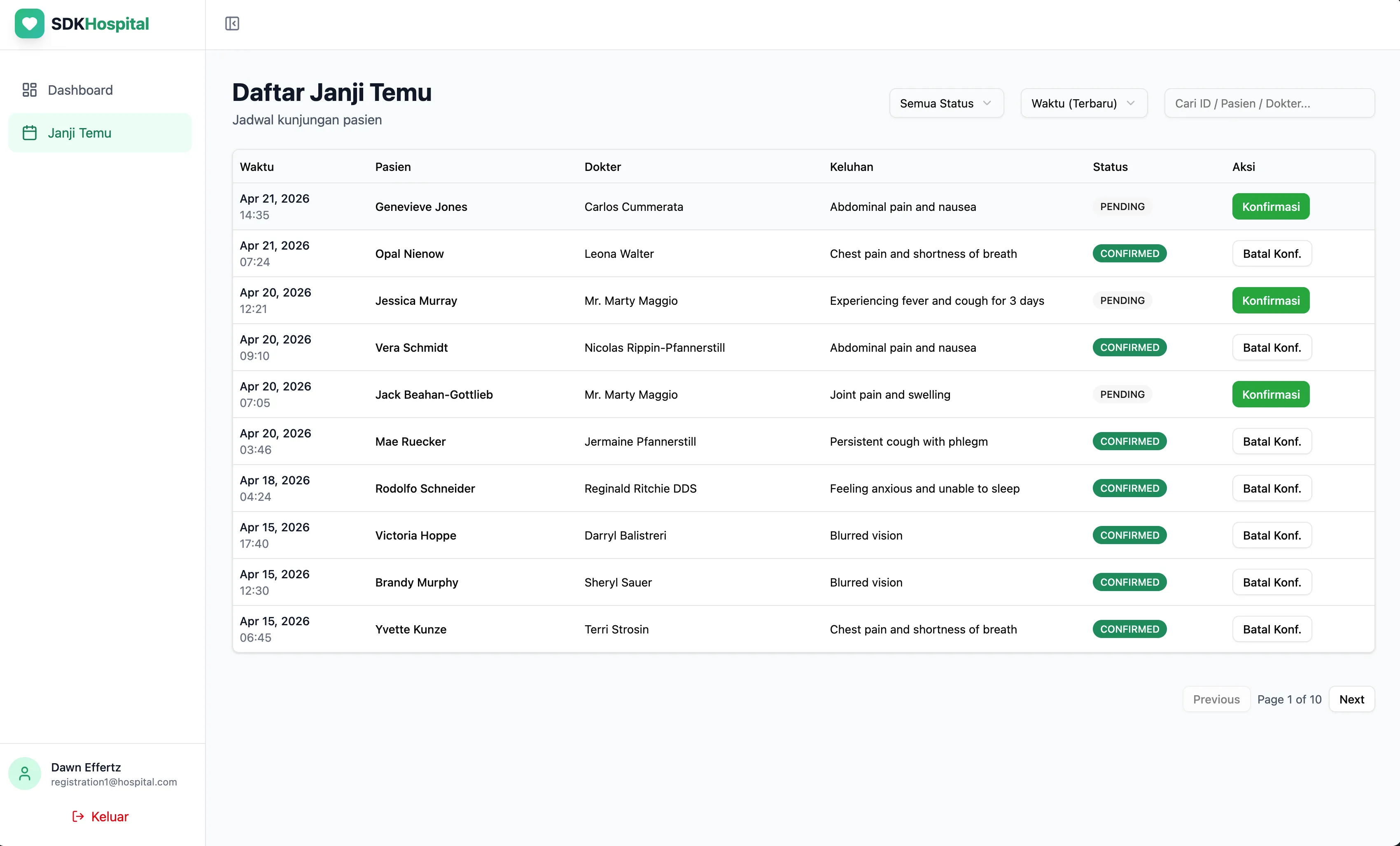 Registration staff appointment management page
