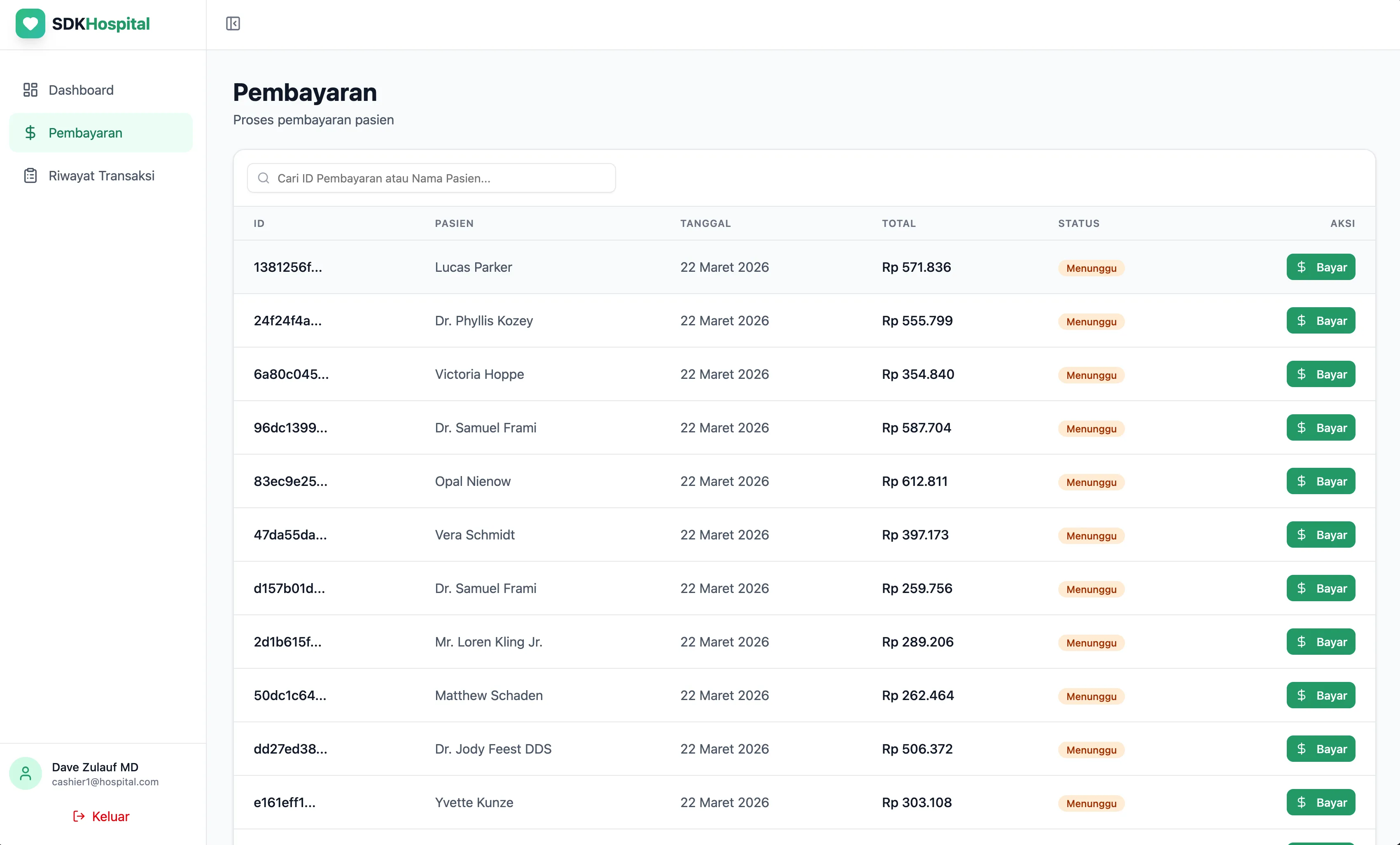 Cashier payment processing page